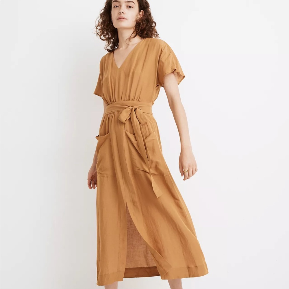 Linen-Blend Dolman-Sleeve Tie-Waist Midi Dress